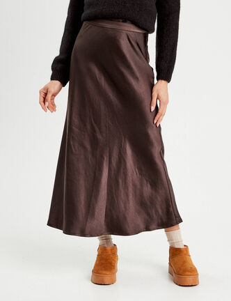Jupe midi droite satin marron foncé femme