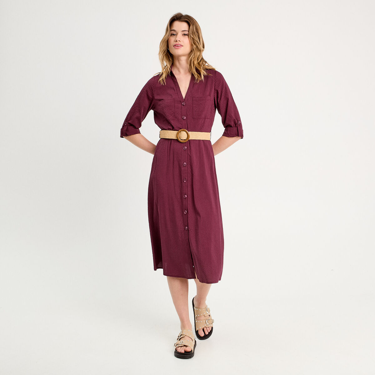 Robe midi évasée ceinturée prune femme