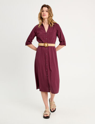 Robe midi évasée ceinturée prune femme