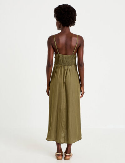 Robe longue &eacute;vas&eacute;e col v satin&eacute;e vert kaki femme