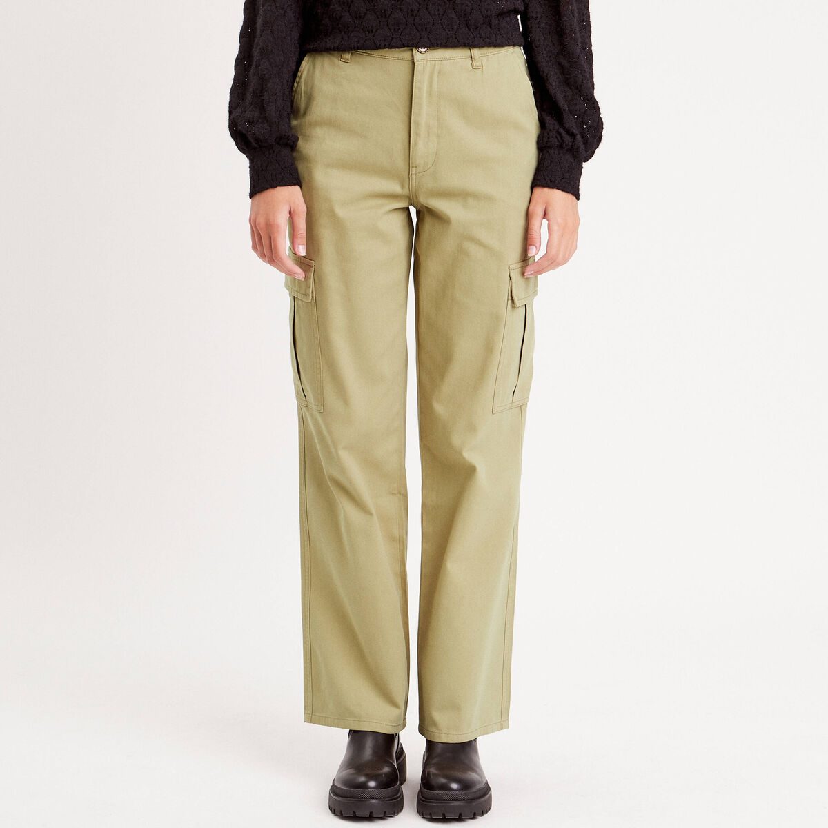 Pantalon droit cargo vert olive femme