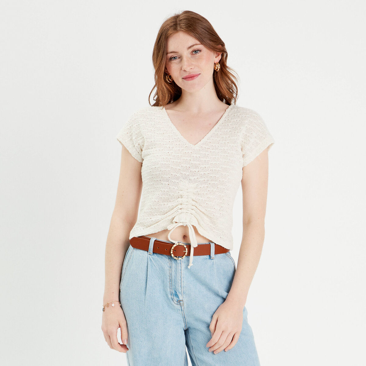 T-shirt manches courtes ajouré creme femme
