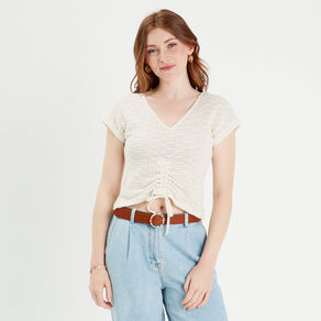 t shirt manches courtes ajoure creme femme T-shirt manches courtes ajouré creme femme