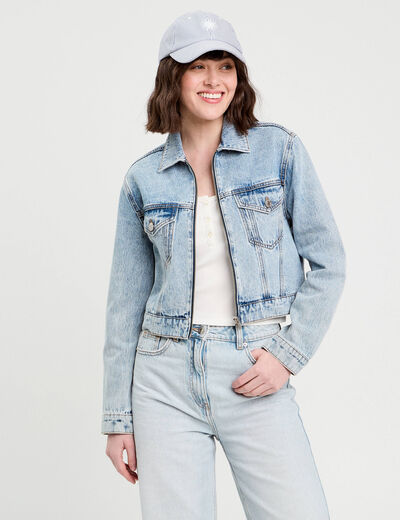 Veste zippée en jean denim stone femme