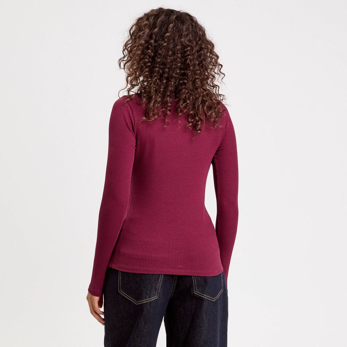 T-shirt manches longues c&ocirc;tel&eacute; bordeaux femme