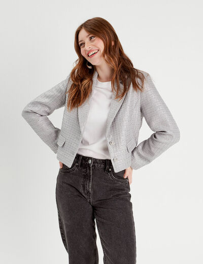Veste blazer tweed gris argent femme