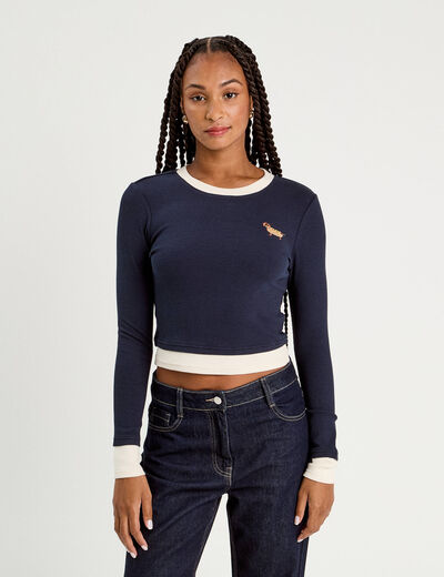 T-shirt cropped 2-en-1 bleu marine femme