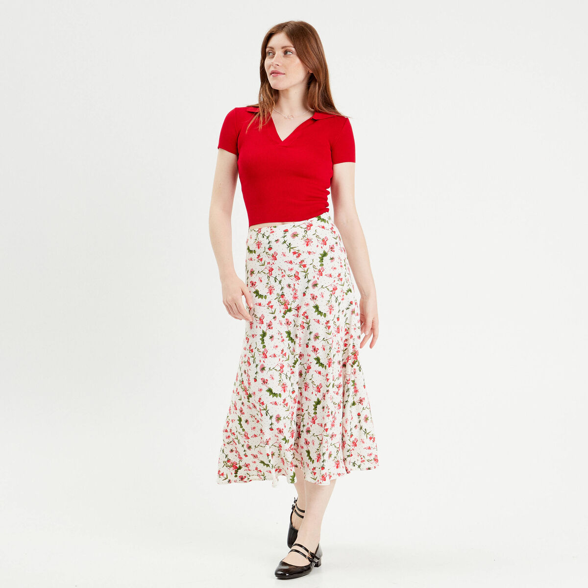 Jupe midi évasée fluide blanc femme