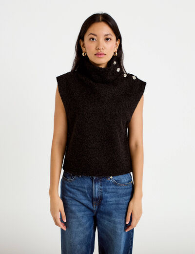 Pull droit sans manches col montant noir femme
