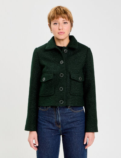 Veste bouclette boutonn&eacute;e vert fonc&eacute; femme