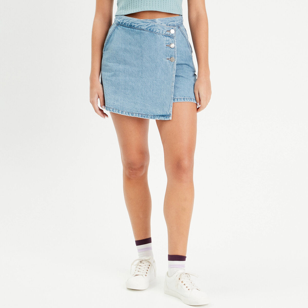 Jupe-short droite en jean denim double stone femme