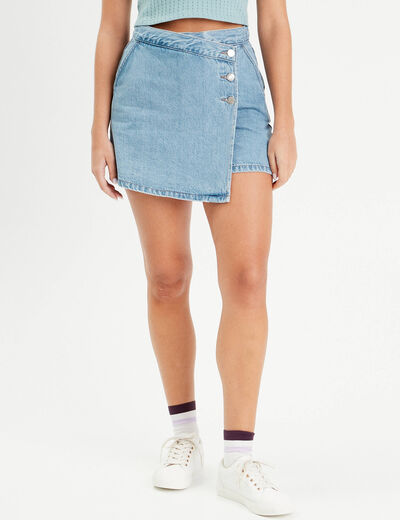 Jupe-short droite en jean denim double stone femme
