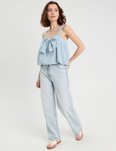 Blouse effet boule et noeud bleu clair femme