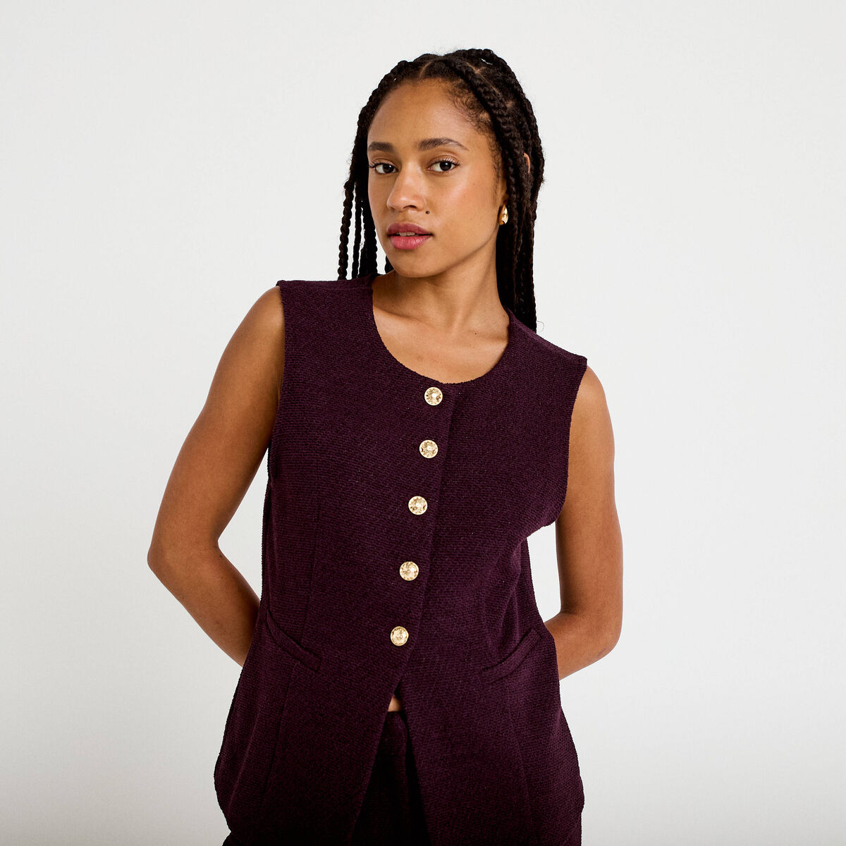 Gilet sans manches tweed violet fonc&eacute; femme