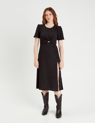 Robe midi ajustée col rond noir femme