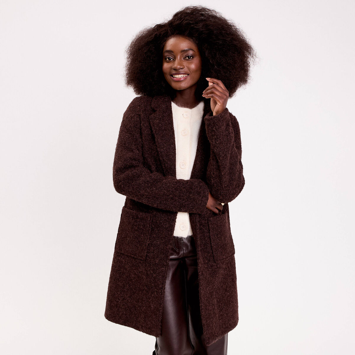Manteau bouclette marron fonc&eacute; femme