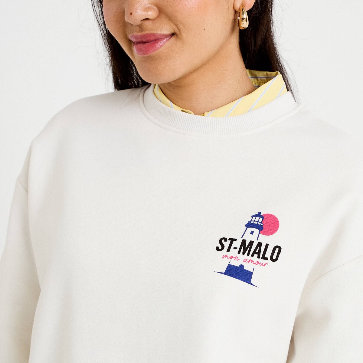 Sweat col rond manches longues ecru femme