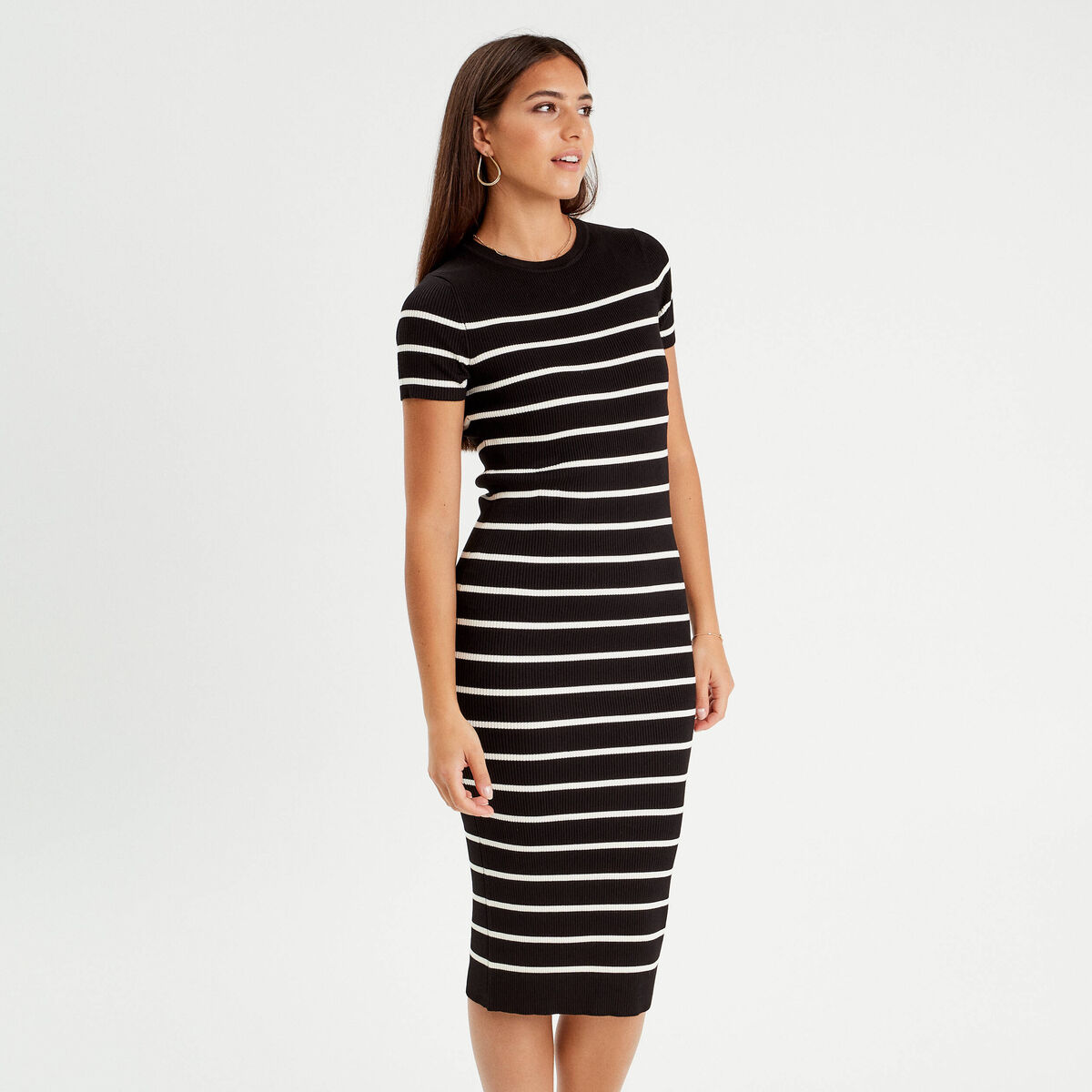 Robe longue moulante côtelée noir femme