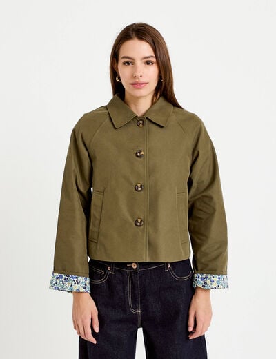 Veste courte boutonn&eacute;e doublure vichy vert kaki femme