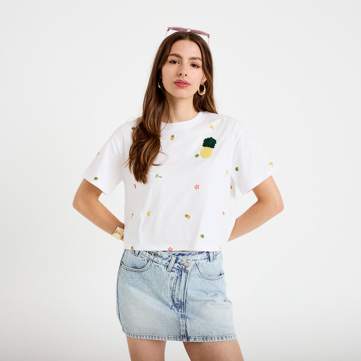 T-shirt droit cropped manches courtes blanc femme