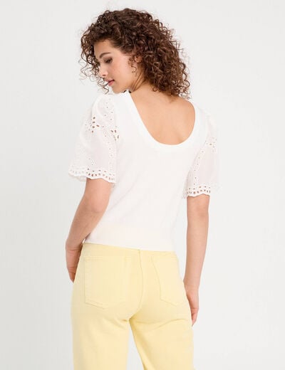Pull manches broderie anglaise blanc femme