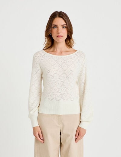 Pull ajour&eacute; col bateau manches longues ecru femme