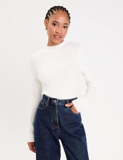 Pull col montant torsades ecru femme