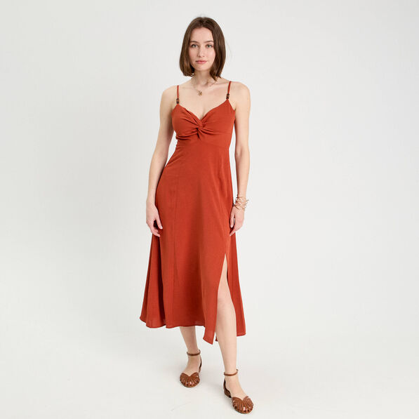 Robe longue évasée fendue orange foncé femme