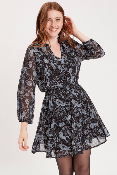 Robe évasée manches longues noir femme