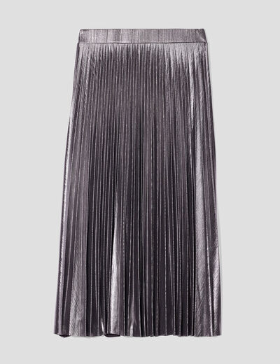 Jupe midi évasée plissée gris argent femme