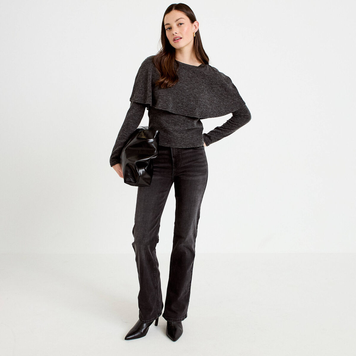 Pull cape col rond manches longues gris fonc&eacute; femme