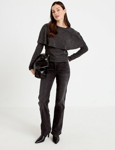 Pull cape col rond manches longues gris fonc&eacute; femme