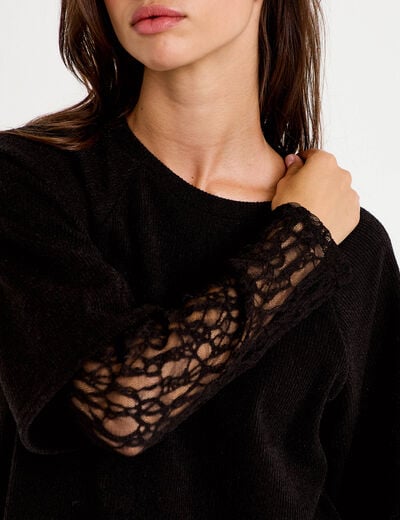 Top bi-mati&egrave;re dentelle col rond noir femme