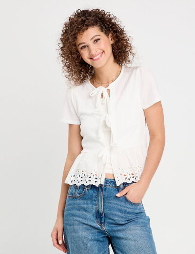 Blouse nouée détails brodés ecru femme