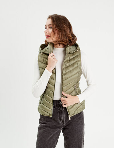 Doudoune sans manches capuche vert kaki femme