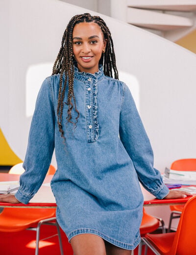 Robe &eacute;vas&eacute;e jean col montant denim double stone femme
