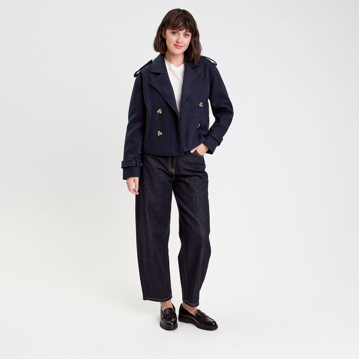 Trench court boutonn&eacute; bleu marine femme