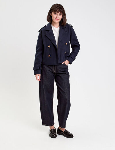 Trench court boutonné bleu marine femme