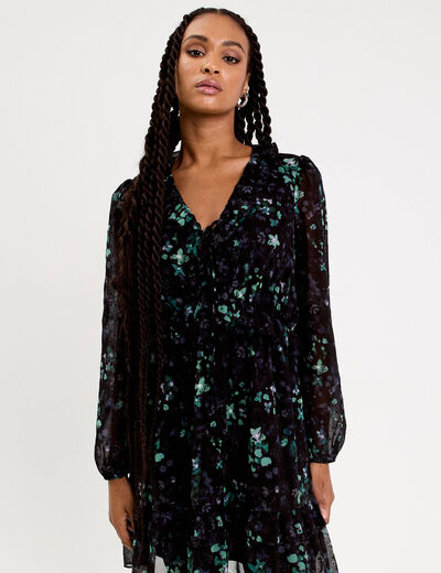 Robe courte &eacute;vas&eacute;e col V manches longues noir femme