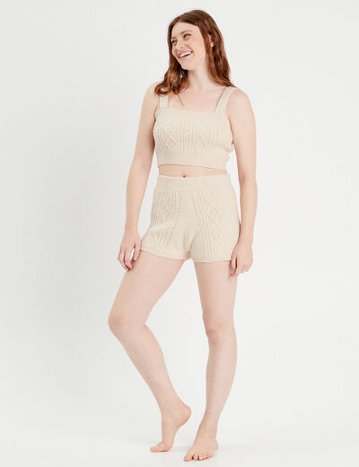 Short ajusté en tricot beige femme