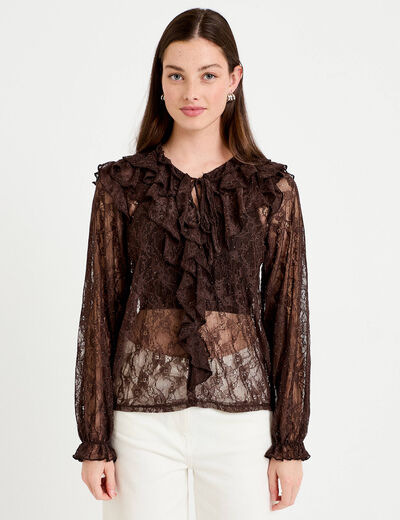 Blouse dentelle manches longues marron fonc&eacute; femme