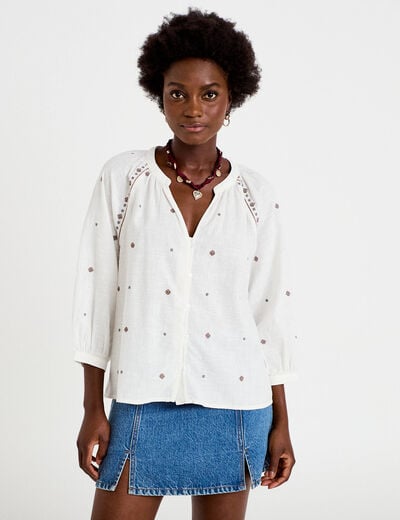 Blouse ample col tunisien manches 3/4 ecru femme