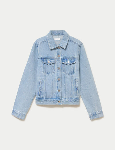 Veste jean droite courte col classique bleu clair femme