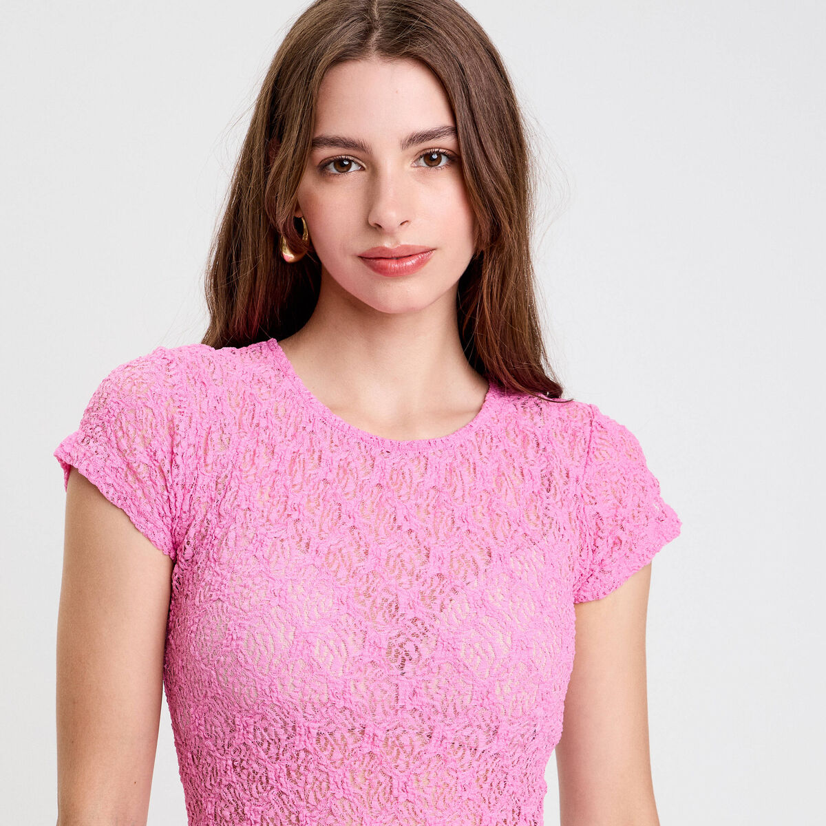 Body ajusté manches courtes dentelle rose femme