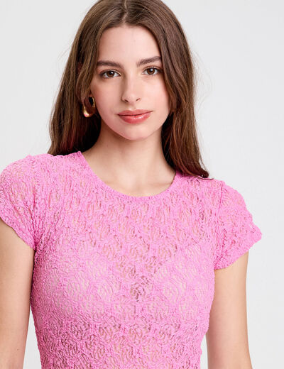 Body ajusté manches courtes dentelle rose femme