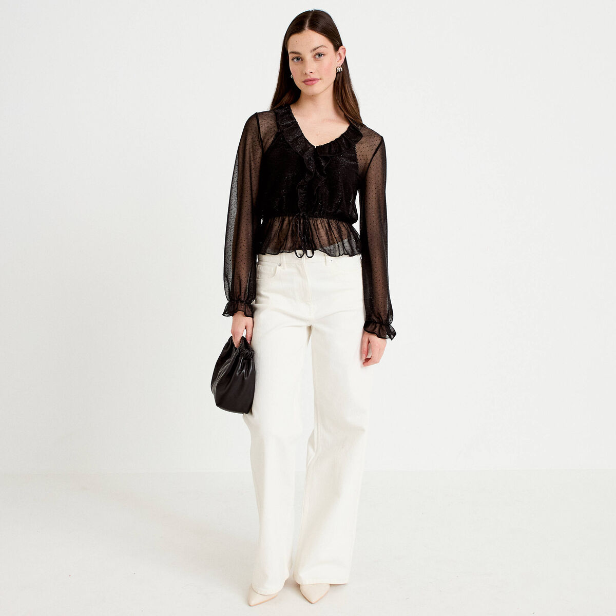 Blouse d&eacute;collet&eacute; manches longues gris argent femme