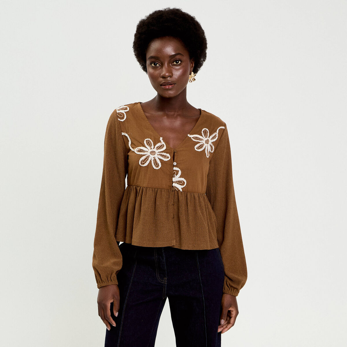 Blouse brod&eacute;e marron fonc&eacute; femme