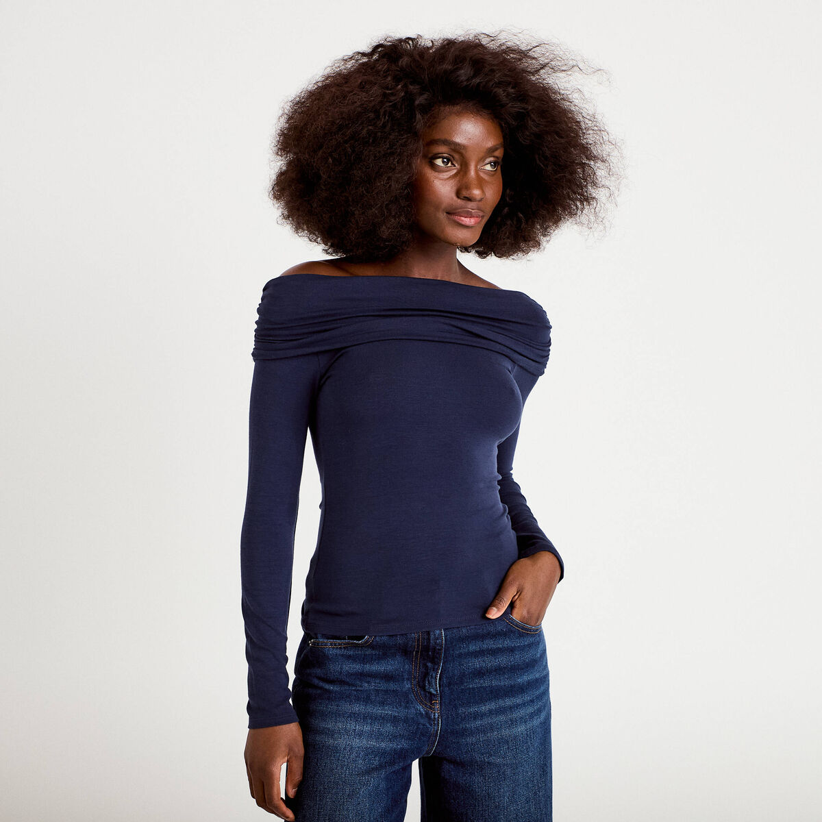 T-shirt col bardot manches longues bleu marine femme