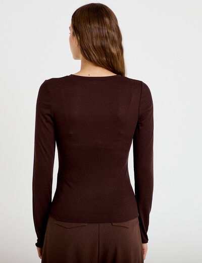 T-shirt ajust&eacute; col rond manches longues marron fonc&eacute; femme