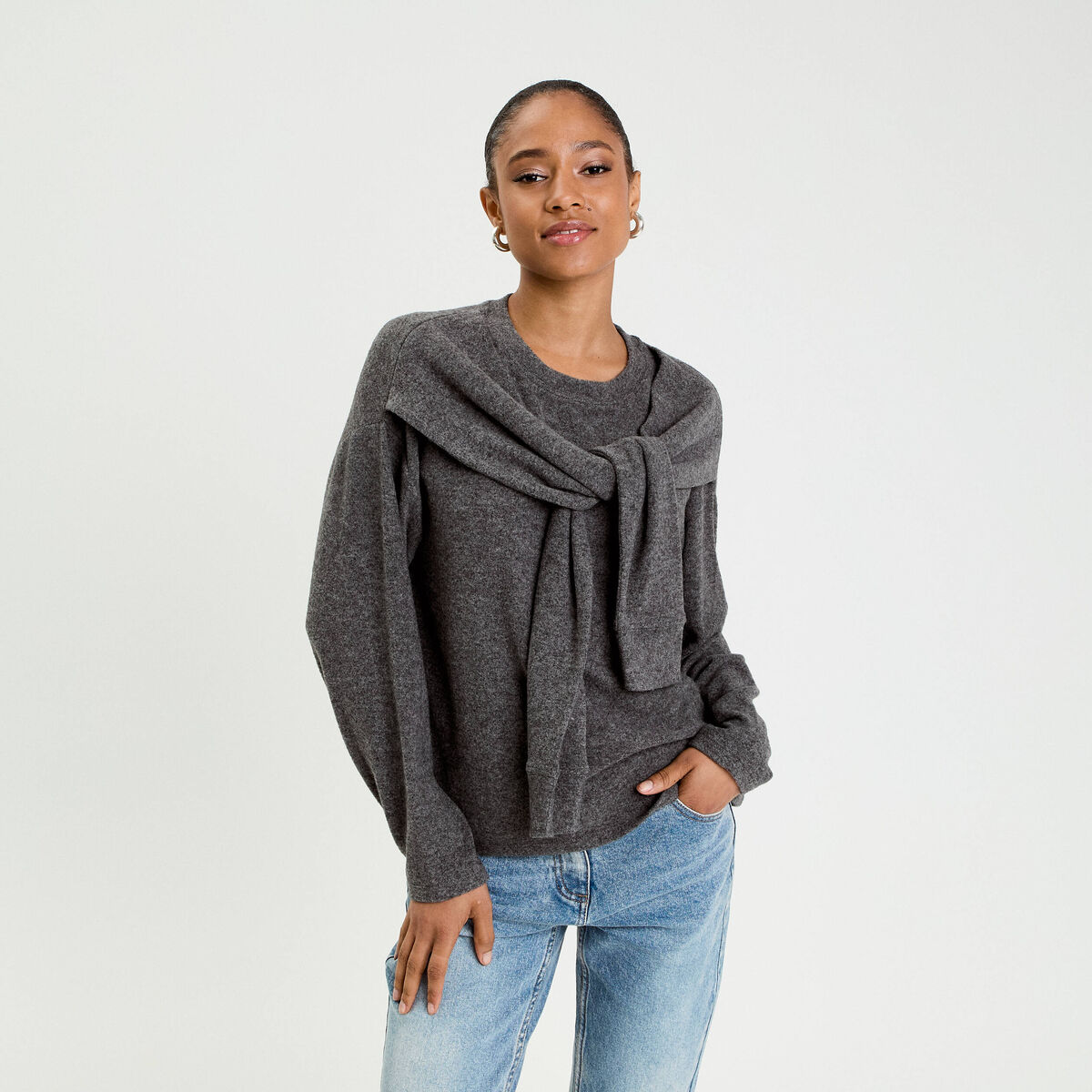Pull effet 2-en-1 gris fonc&eacute; femme